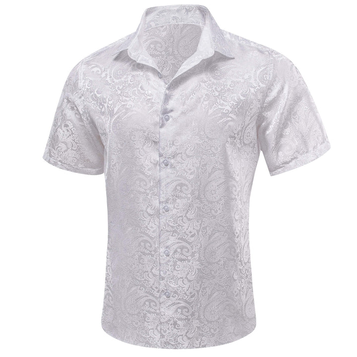 Pure White Paisley Silk Mens Suit Shirt Top