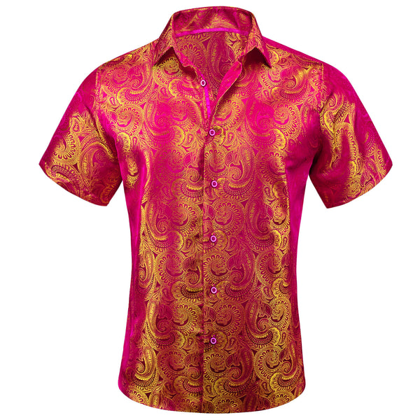 Deep Pink Yellow Paisley Men's Silk Shirt
