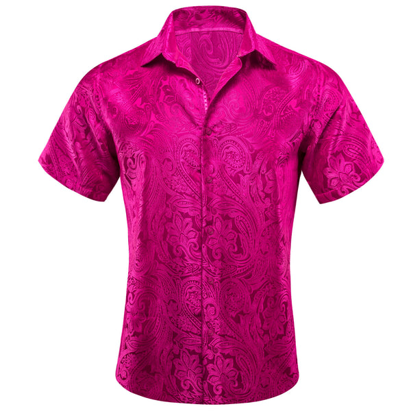  Hot Pink Jacquard Floral Men's Silk Shirt
