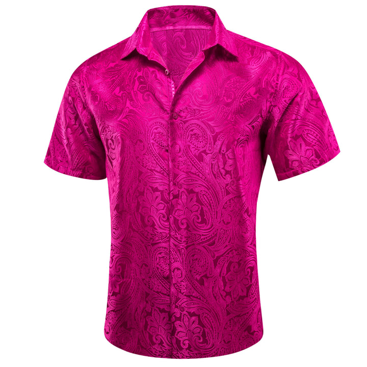  Hot Pink Jacquard Floral Men's Silk Shirt