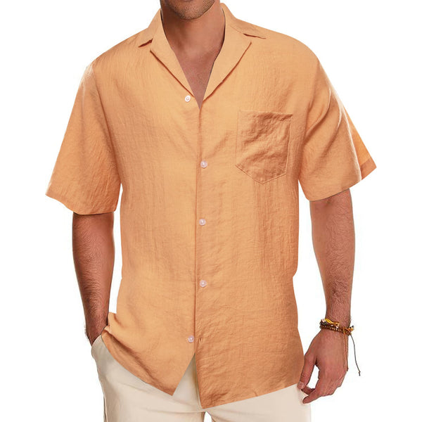 Light Orange Solid Men's Silk Notched Collar Button Down short sleeve mens shirts