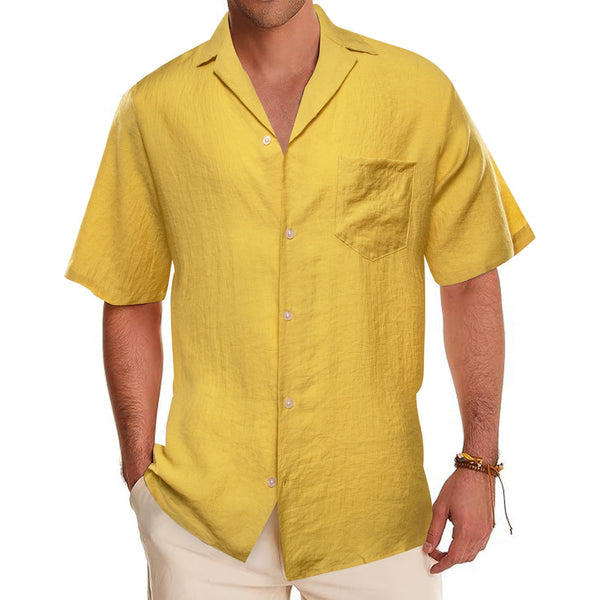Butter Yellow Solid Men's Silk Notched Collar short sleeve button down mens shirts