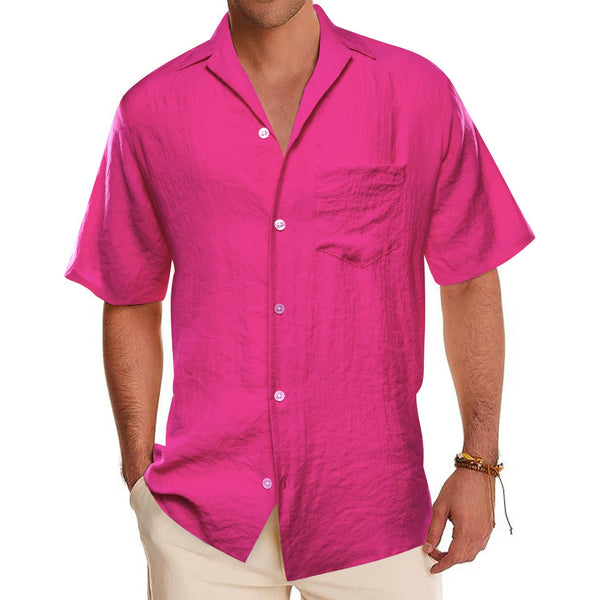 Magenta Pink Solid Men's Silk Notched Collar short sleeve button up shirts