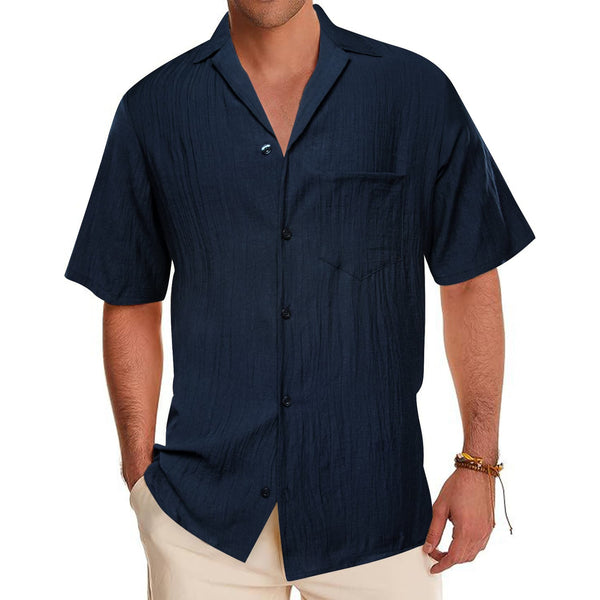 Ties2you Short Sleeve Shirt Indigo Blue Solid Men's Silk Notched Collar Button Down Shirt
