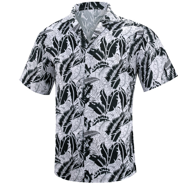 Black White Leaves Men's Short Sleeve Summer Shirt