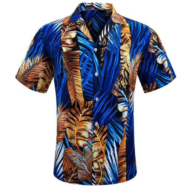 Blue Gold Leaves Novelty Men's Short Sleeve Summer Shirt