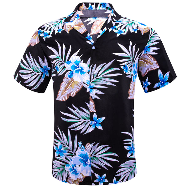Black Blue Leaves Novelty Men's Short Sleeve Summer Shirt