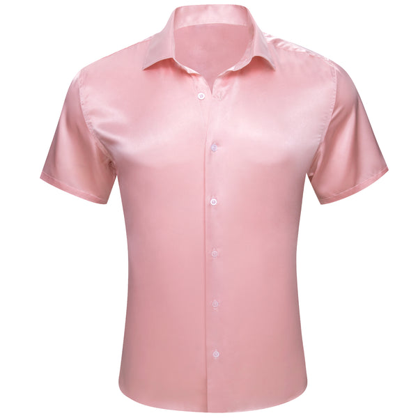 Baby Pink Satin Solid Silk Men's Short Sleeve Shirt