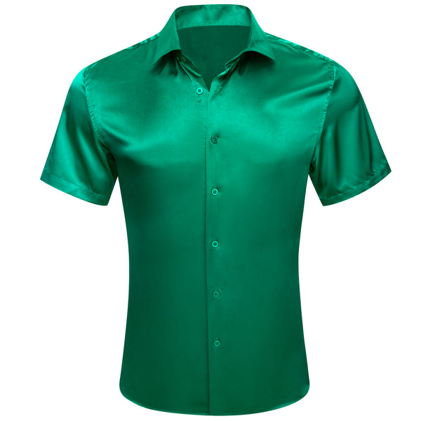 Green Satin Solid Silk Men's Short Sleeve Shirt