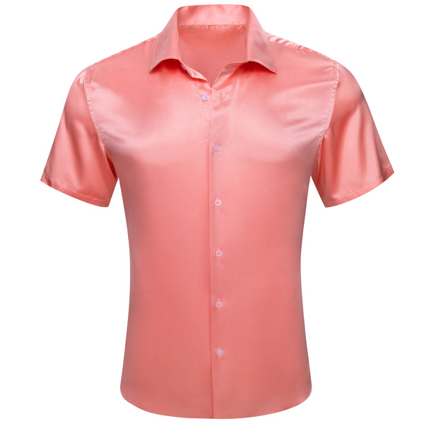 Pink Satin Solid Silk Men's Short Sleeve Shirt