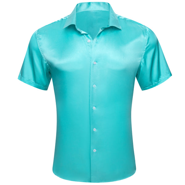 Lake Blue Satin Solid Silk Men's Short Sleeve Shirt