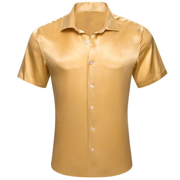 Yellow Satin Solid Silk Men's Short Sleeve Shirt