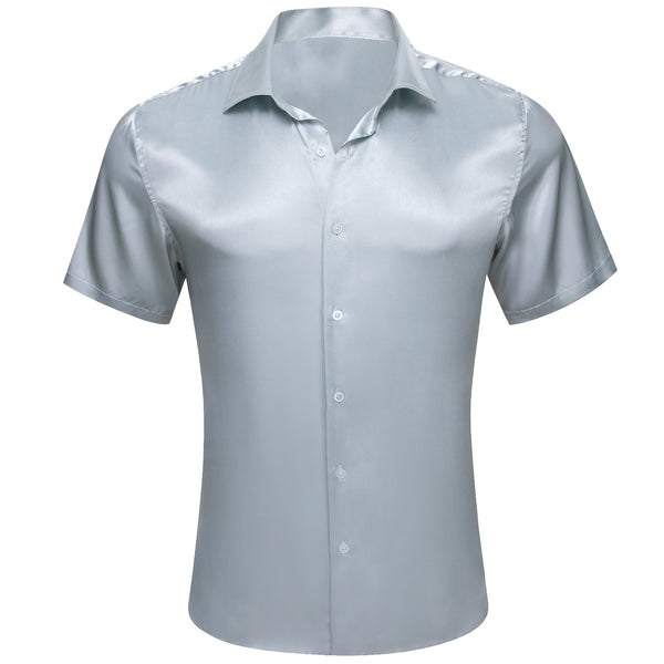 Ties2you Button Down Shirt Silver Satin Solid Silk Men's Short Sleeve Shirt