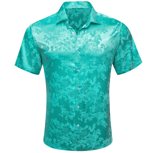 Aqua Blue Floral Silk Men's Short Sleeve Shirt