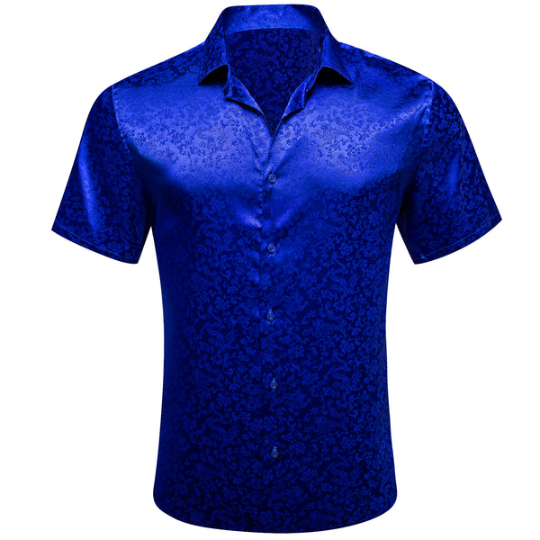 Ties2you Cobalt Blue Mens Shirt Floral Jacquard Weaving Short Sleeve Shirt