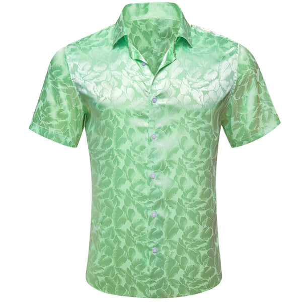 Light Green Floral Leaf Silk Men's Short Sleeve Shirt