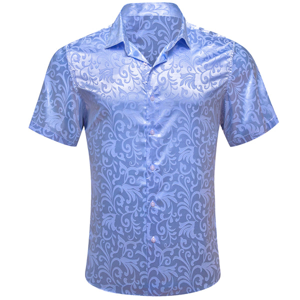 Blue Floral Silk Men Short Sleeve Shirt
