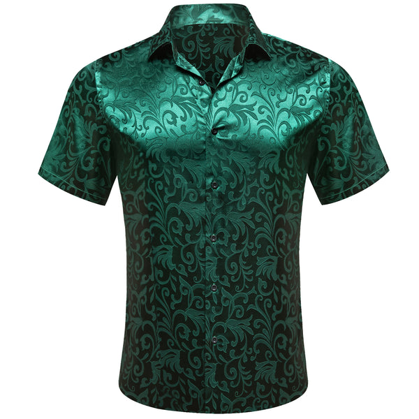 Dark Green Floral Silk Men Short Sleeve Shirt