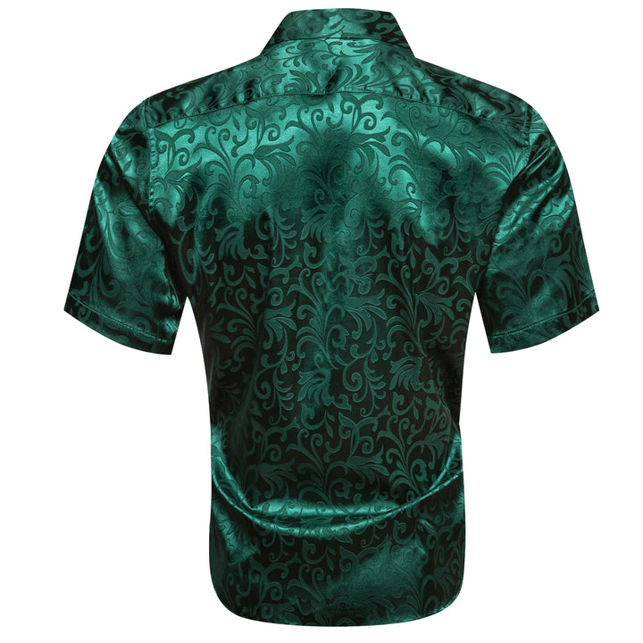 Dark Green Floral Silk Men Short Sleeve Shirt