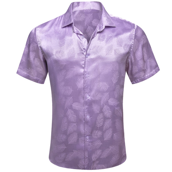 Lilac Purple Floral Leaf Silk Men's Short Sleeve Shirt