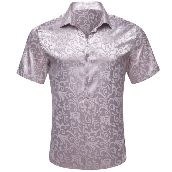 Silver Floral Leaf Silk Men's Short Sleeve Shirt