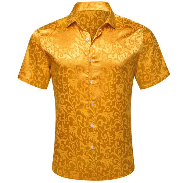 Gold Floral Leaf Silk Men's Short Sleeve Shirt