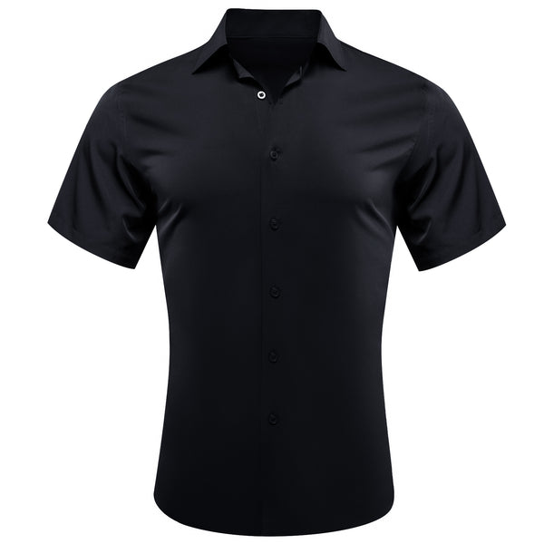 Black Solid Silk Men Short Sleeve Shirt