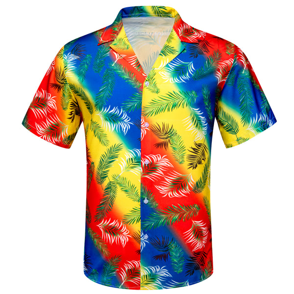 red black blue striped green white coconut leaves mens summer short sleeve button down shirt for party