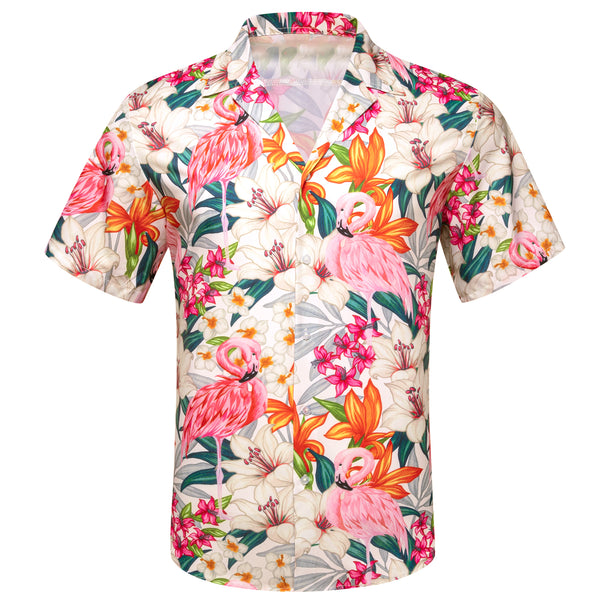 orange floral red flamingo mens notched collar button down short sleeve shirt for casual