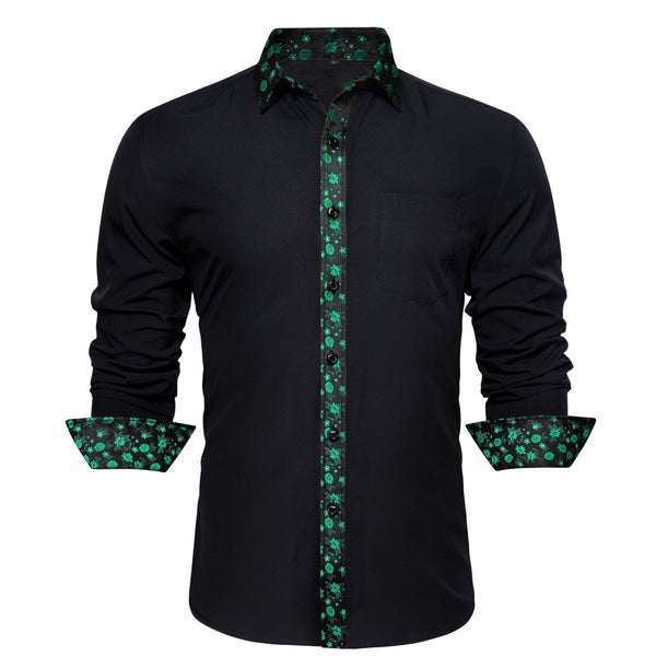 Splicing Style Black with Green Flower Edge Men's Long Sleeve Shirt