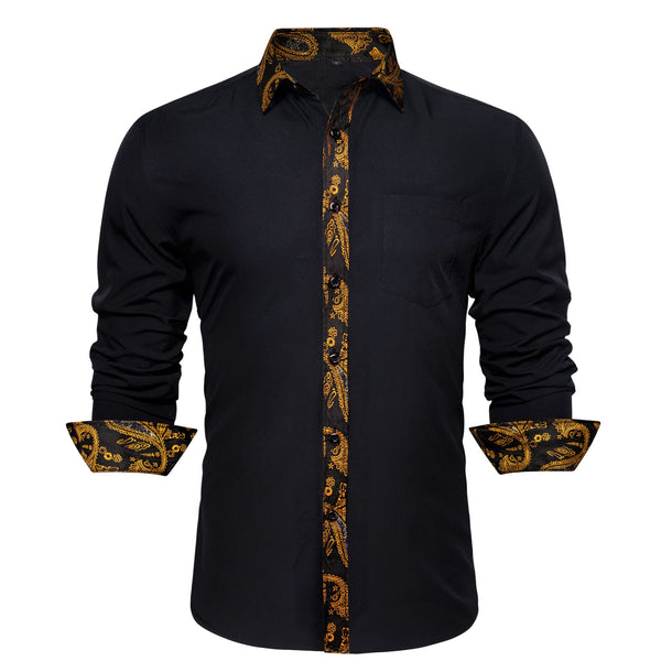 Splicing Style Black with Gold Paisley Flower Edge Men's Long Sleeve Shirt