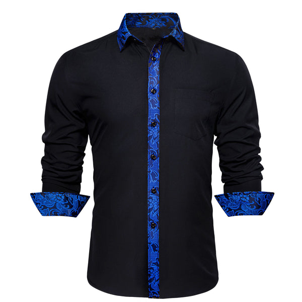 Splicing Style Black with Klein Blue Flower Edge Men's Long Sleeve Shirt