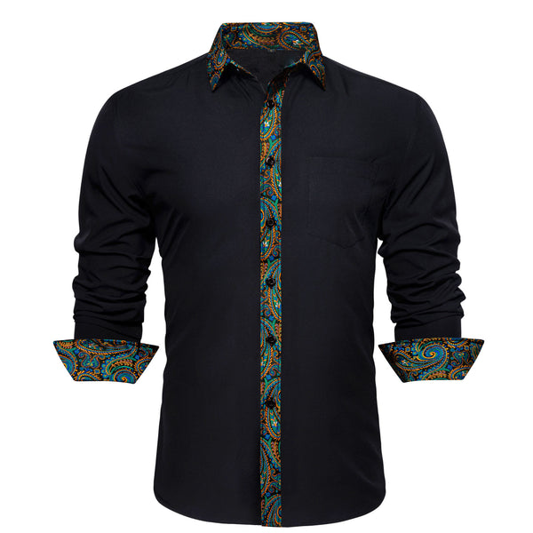 Splicing Style Black with Colorful Green Blue Gold Paisley Edge Men's Long Sleeve Shirt