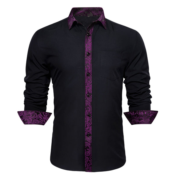 Splicing Style Black with Purple Floral Edge Men's Long Sleeve Shirt