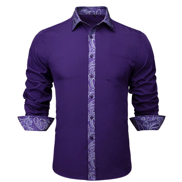 Splicing Style Dark Purple with Purple Paisley Edge Men's Long Sleeve Shirt