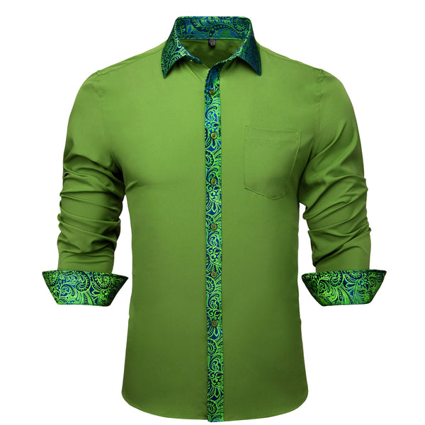 Splicing Style Grass Green with Blue Green Paisley Edge Men's Long Sleeve Shirt