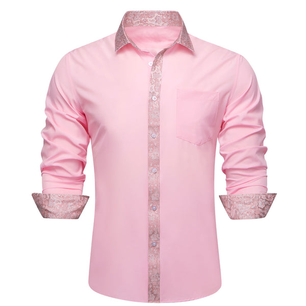 Splicing Style Baby Pink with White Pink Floral Edge Men's Long Sleeve Shirt