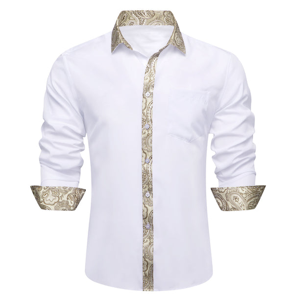 Splicing Style White with Champagne Paisley Edge Men's Long Sleeve Shirt
