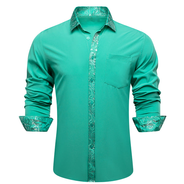 Splicing Style Aqua Blue with Silver Green Paisley Edge Men's Long Sleeve Shirt