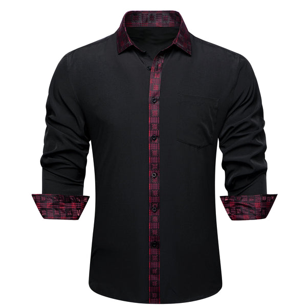 Splicing Style Black with Red Plaid Edge Men's Long Sleeve Shirt