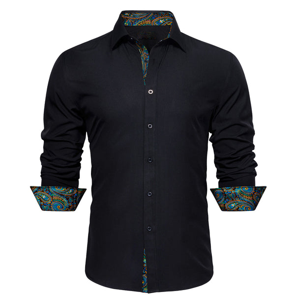 Splicing Style Black with Blue Green Paisley Edge Men's Long Sleeve Shirt