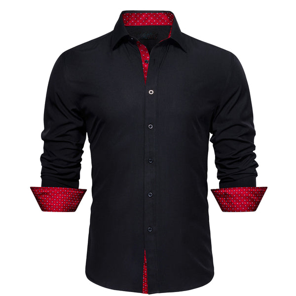 Splicing Style Black with Red White Plaid Edge Men's Long Sleeve Shirt