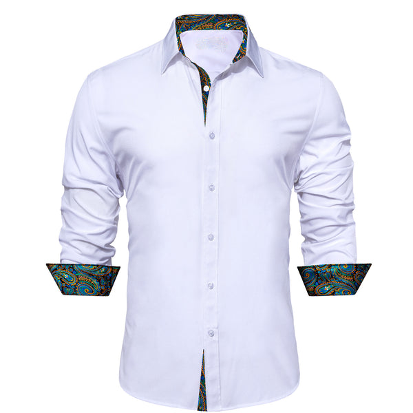 Splicing Style White with Blue Green Paisley Edge Men's Long Sleeve Shirt