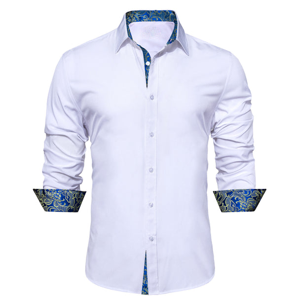 Splicing Style White with Blue Yellow Floral Edge Men's Long Sleeve Shirt