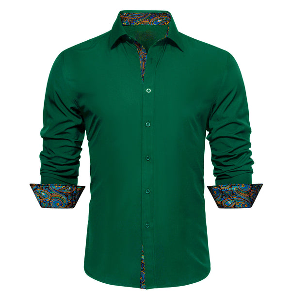 Splicing Style Dark Green with Multiple Color Paisley Edge Men's Long Sleeve Shirt