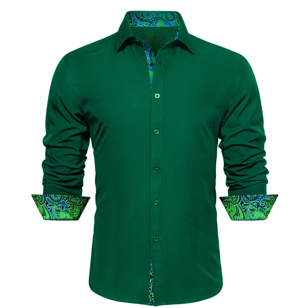 Splicing Style Dark Green with Blue Green Paisley Edge Men's Long Sleeve Shirt