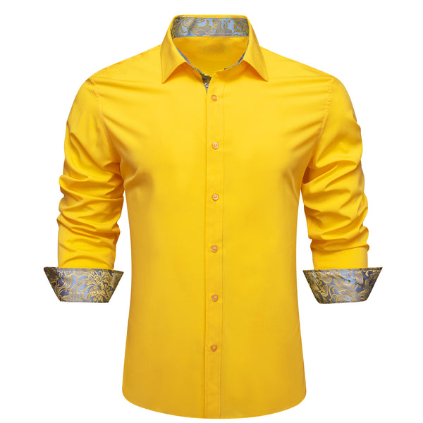 Splicing Style Lemon Yellow with Silver Yellow Floral Edge Men's Long Sleeve Shirt