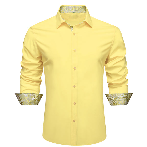 Splicing Style Baby Yellow with White Yellow Floral Edge Men's Long Sleeve Shirt