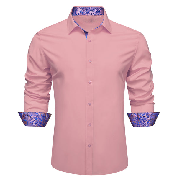 Splicing Style Pink with Purple Floral Edge Men's Long Sleeve Shirt