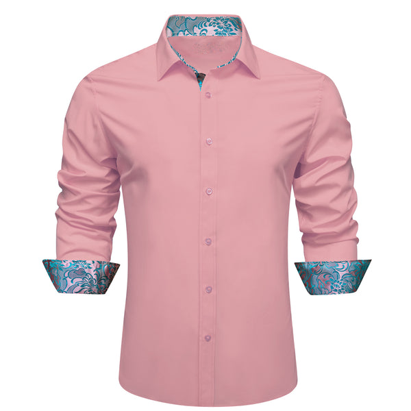 Splicing Style Pink with Aqua Floral Edge Men's Long Sleeve Shirt